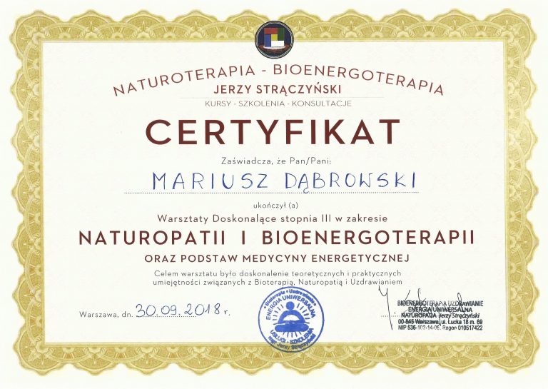 Bioenergoterapeuta III stopień Mariusz Dąbrowski