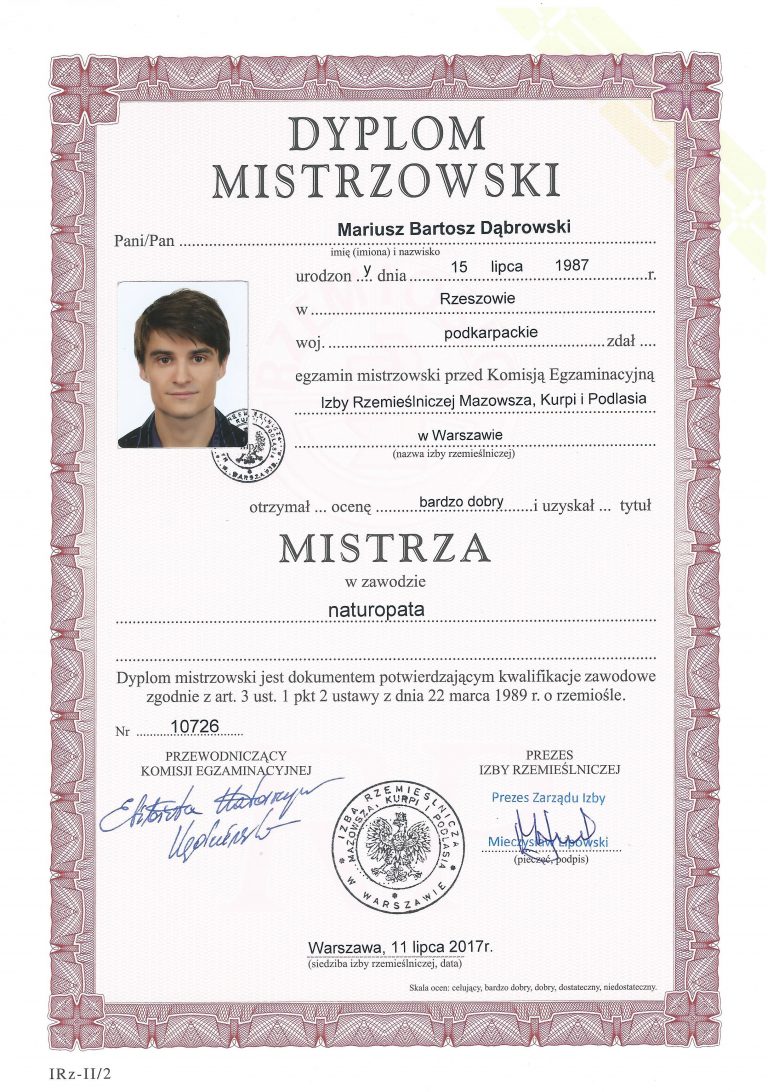 Dyplom Mistrz Naturopata Mariusz Dąbrowski