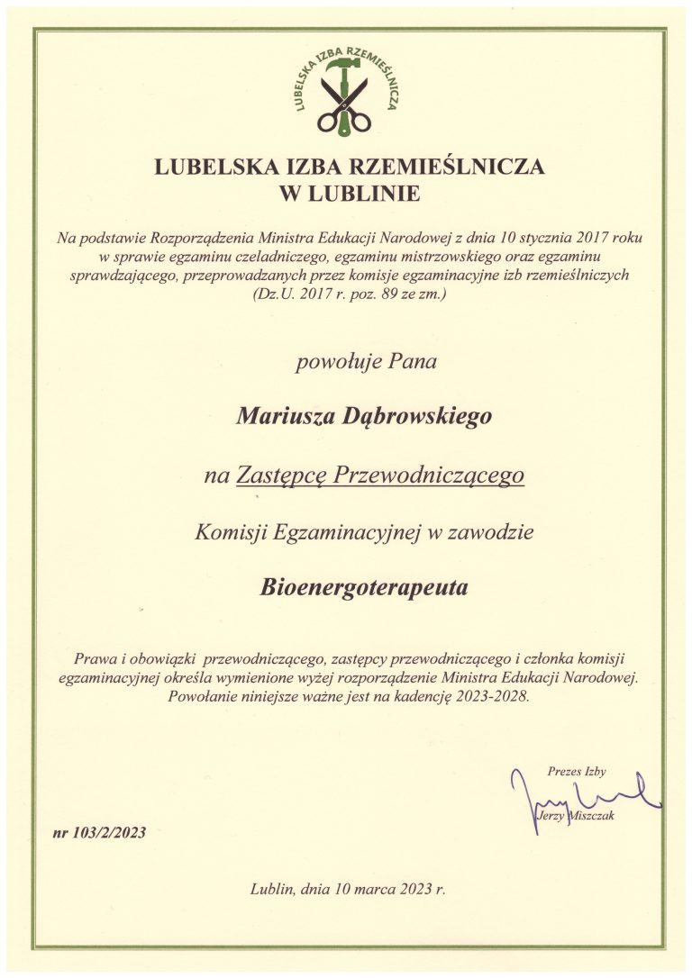 Powołanie do komisji egzaminacyjnej w zawodzie Bioenergoterapeuta Mariusz Dąbrowski