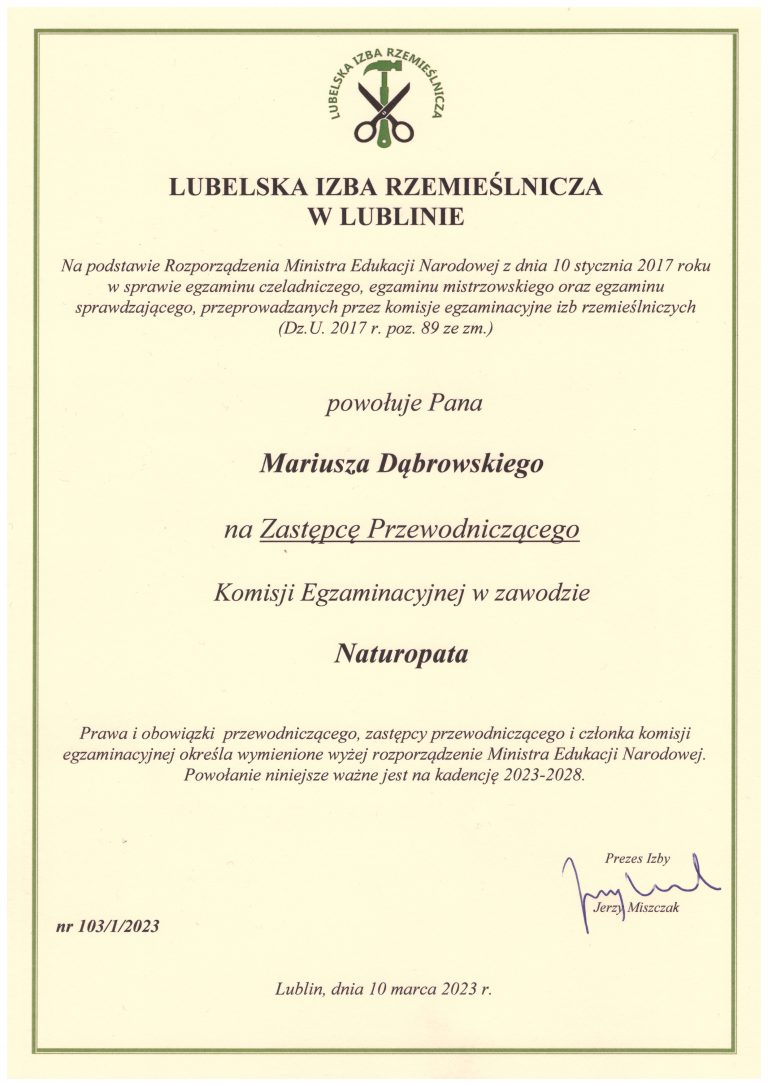 Powołanie do komisji egzaminacyjnej w zawodzie Naturopata Mariusz Dąbrowski