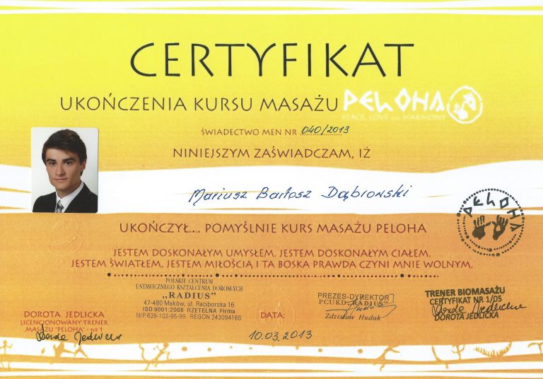Dyplom Biomasażu Mariusz Dąbrowski