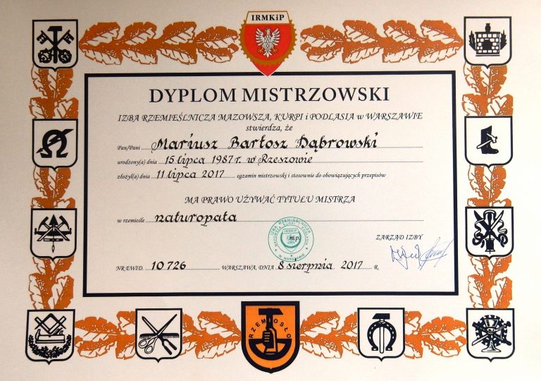 Dyplom Mistrz Naturopata Mariusz Dąbrowski