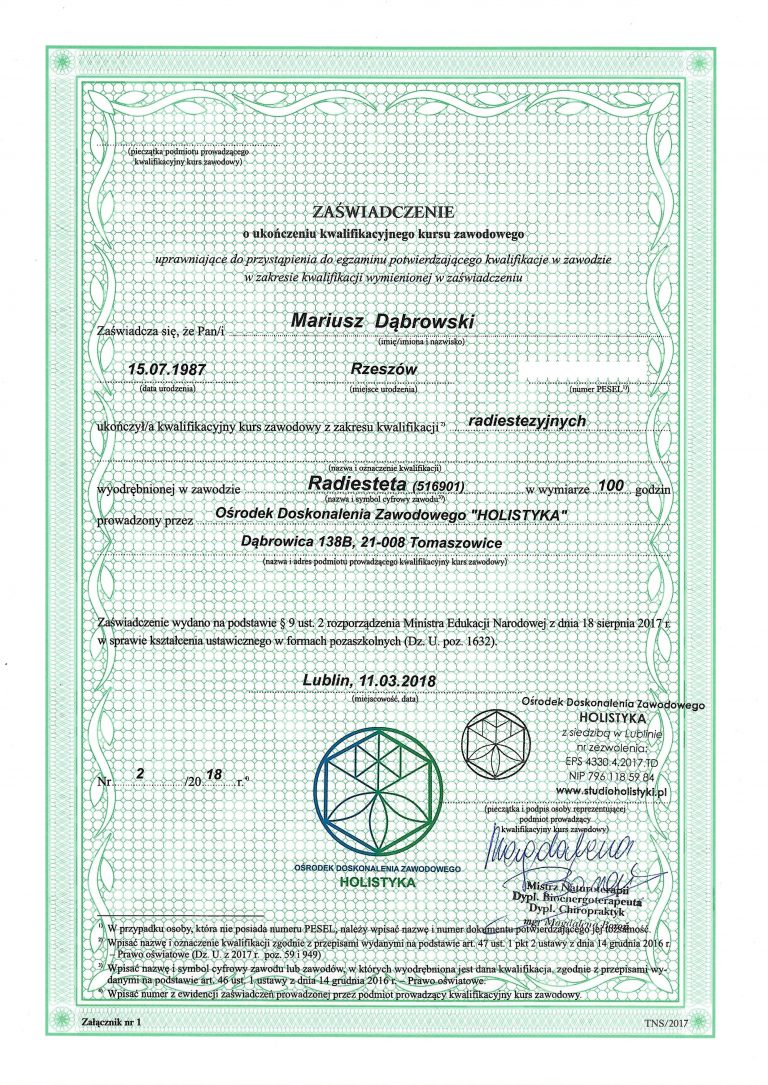 zawodowy kurs radiestezji Radiesteta Mariusz Dąbrowski